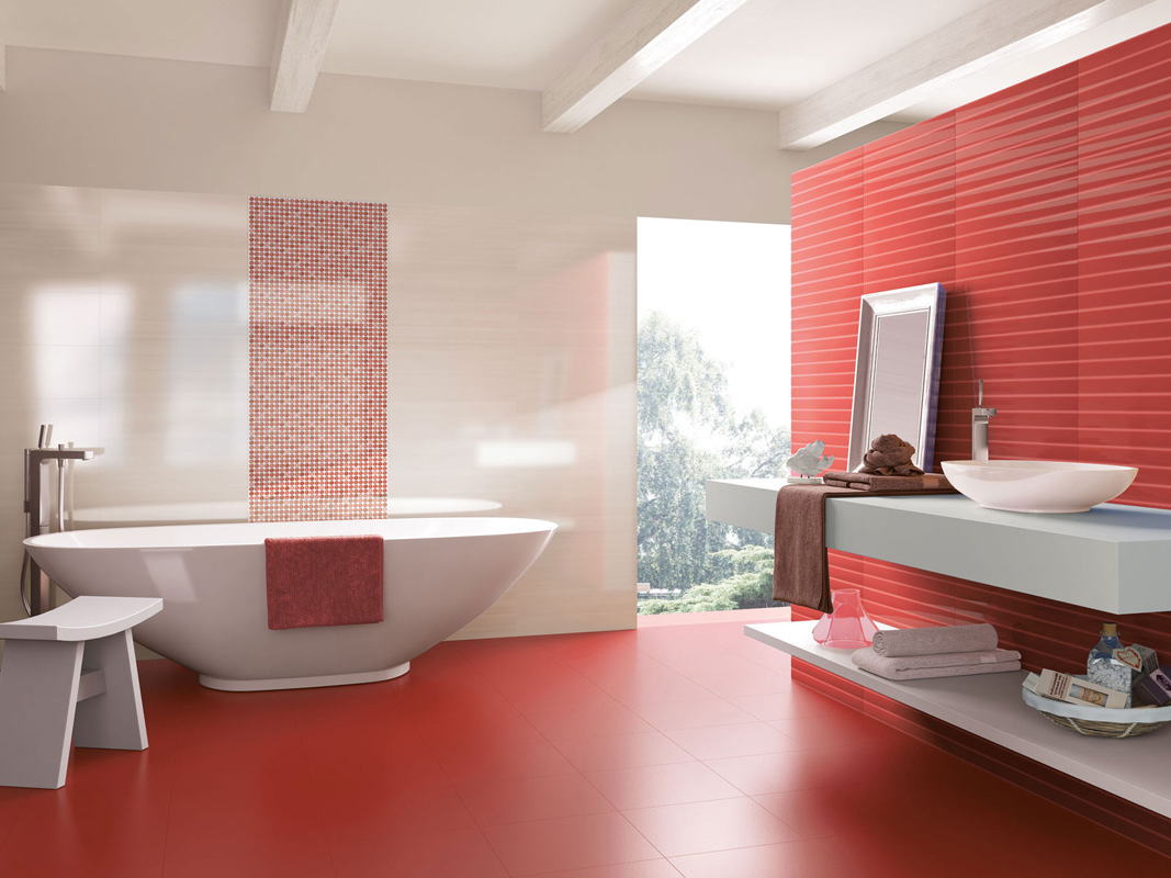 Plain Bone 20x50 + Suit Coral Red 20x50 + Enjoy Coral Red 20x50 Rivestimento Pasta Rossa Enjoy Serie Effetto Colorato Ibero Porcelánico Piastrelle & Mosaici