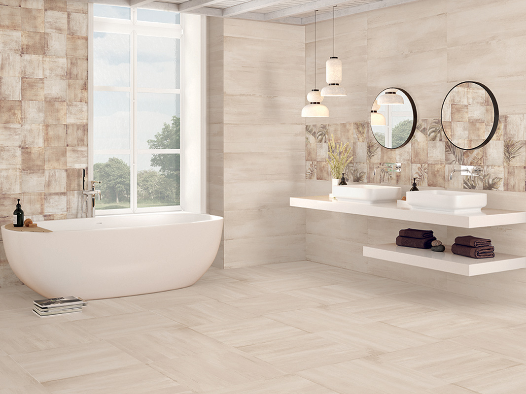 Taupe 29x100 Rett. + Decor Bind Taupe 20x20 + Decor Boreal Taupe 20x20 + Taupe 59x59 Rett. Rivestimento Pasta Bianca & Pavimento Gres Porcellanato Sospiro Serie Effetto Colorato Ibero Porcelánico Piastrelle & Mosaici